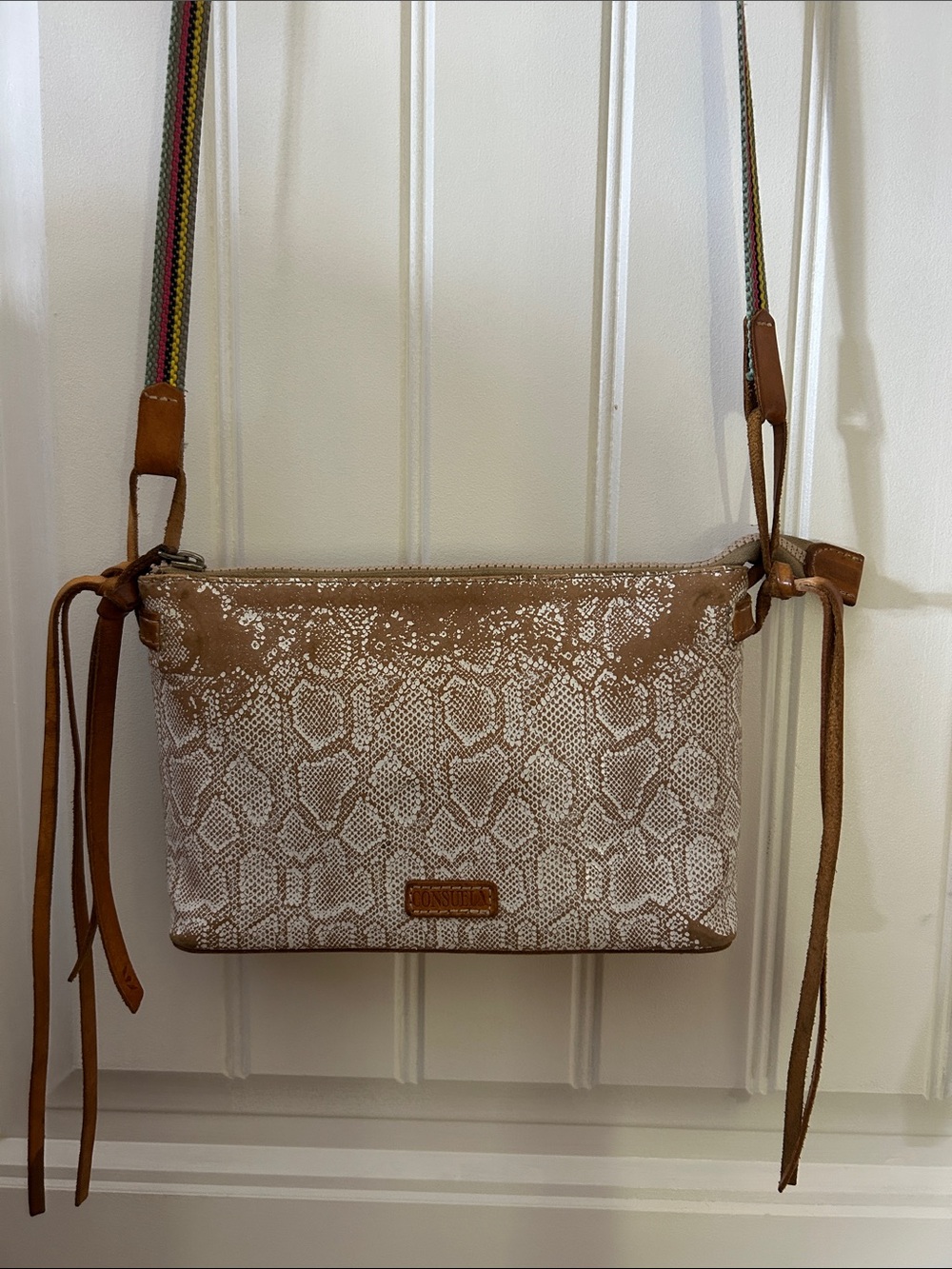 Consuela Tan and White Snake-Print Crossbody with Striped Strap